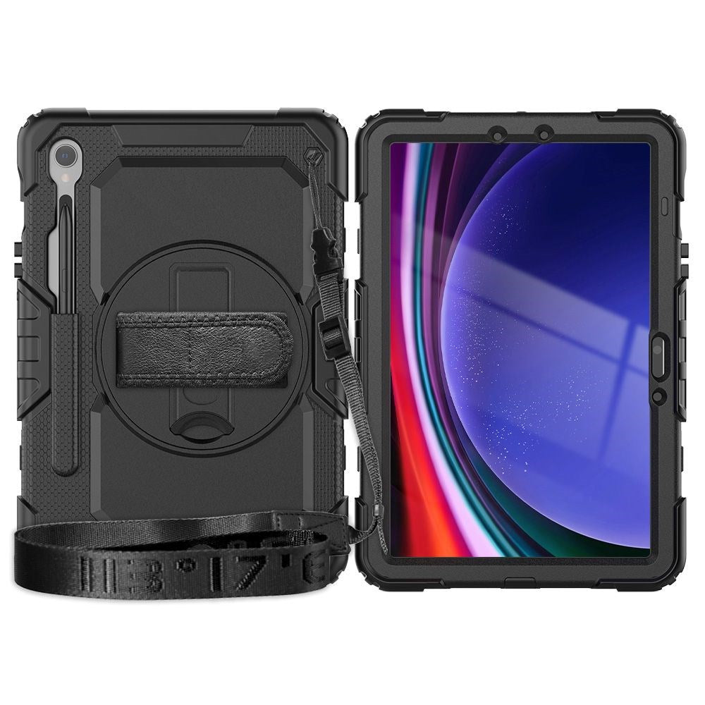 Samsung Galaxy Tab S10 FE / S9 FE Tech-Protect Solid360 Tough Case w. Protective Film, Hand Holder & Shoulder Strap - Black