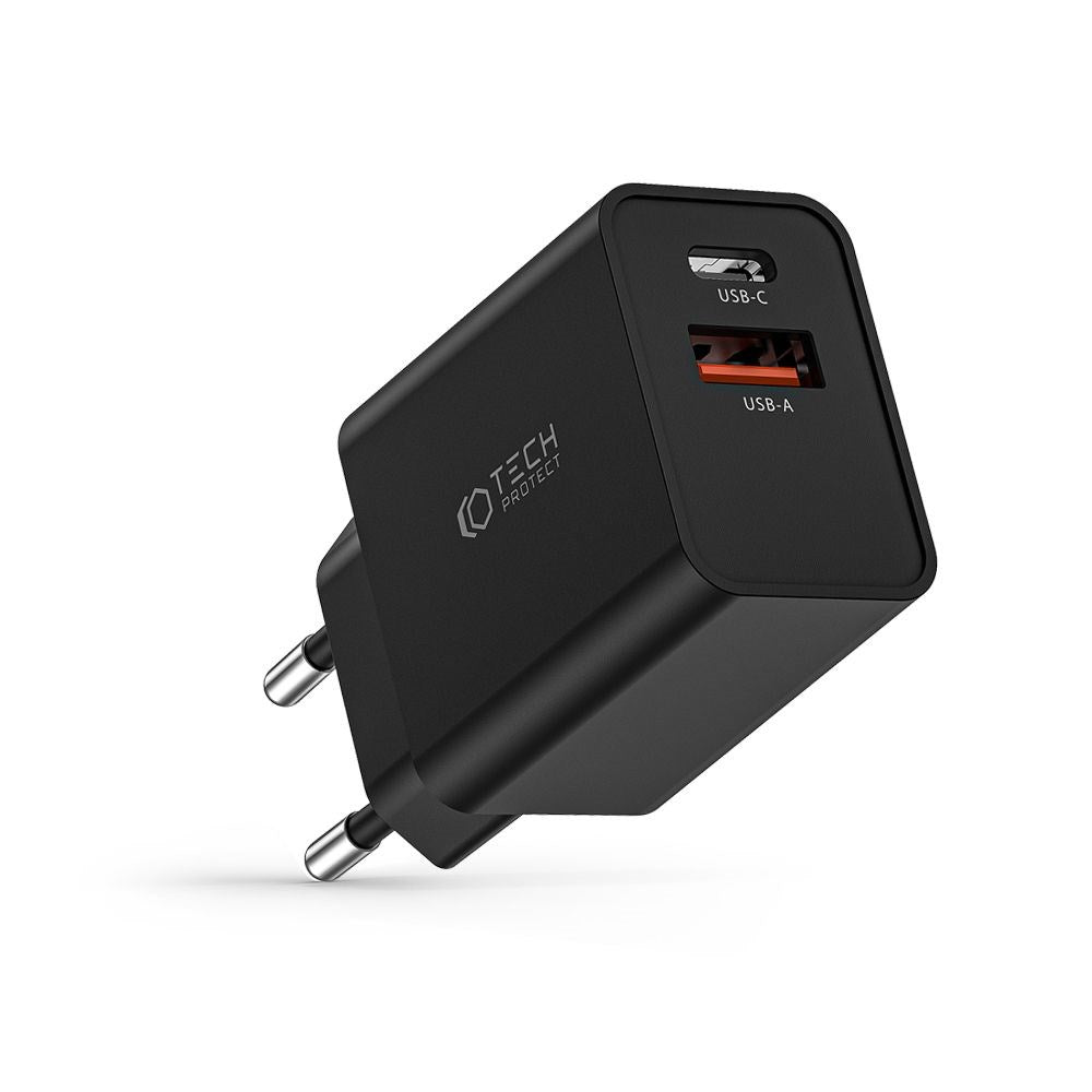 Tech-Protect 30W Wall charger with 1 x USB-A QC & 1 x USB-C PD - Black