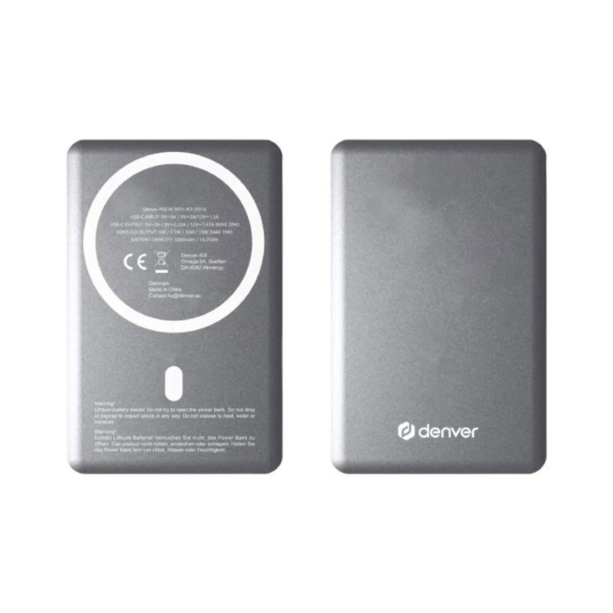 Denver PQCW-10015 Magnetic Wireless PowerBank - 15W / 10.000 mAh - MagSafe Compatible - Grey