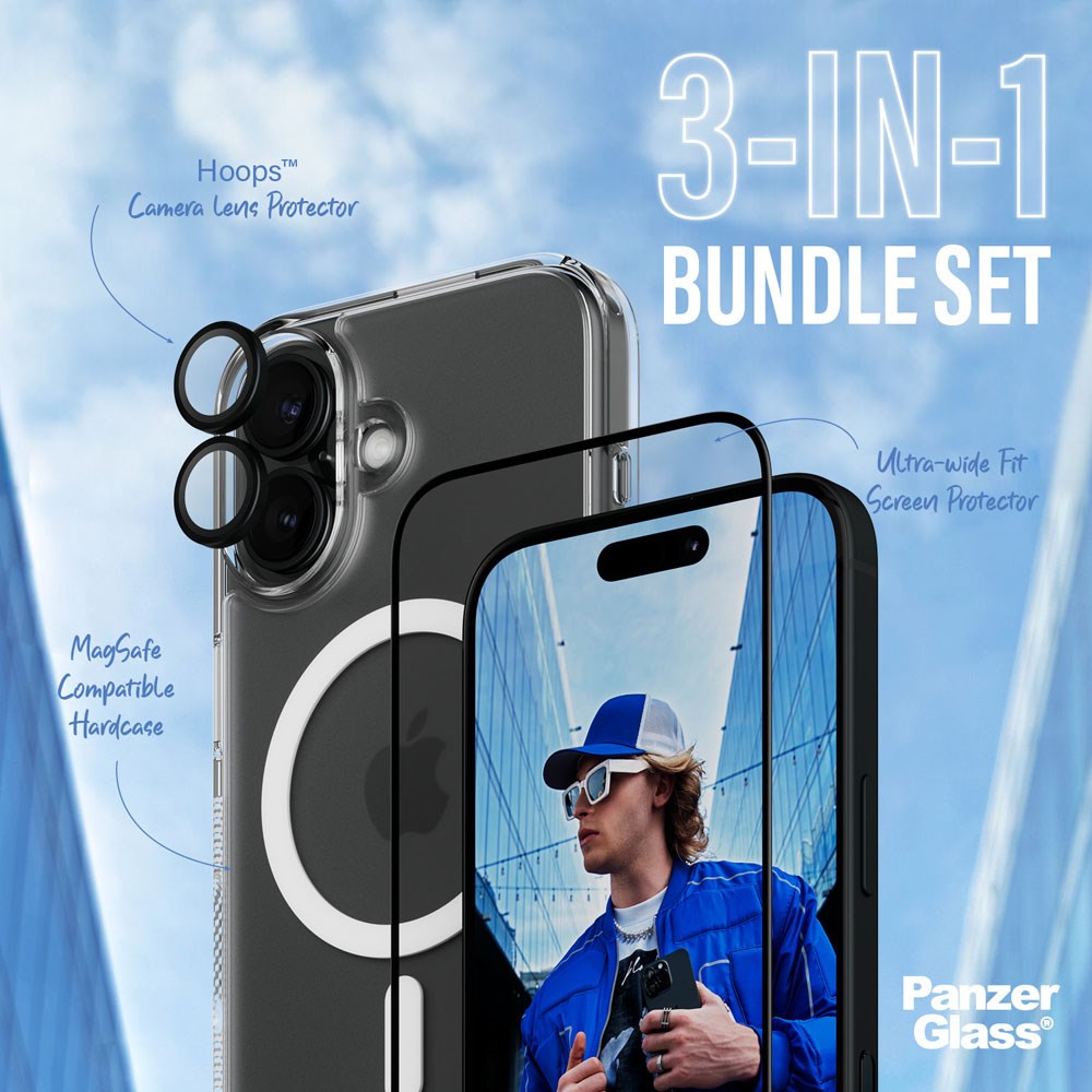 iPhone 16 PanzerGlass 3-i-1 Bundle m. EasyAligner - Screen Protector (UWF) / Case / Camera Protection - Transparent / Black