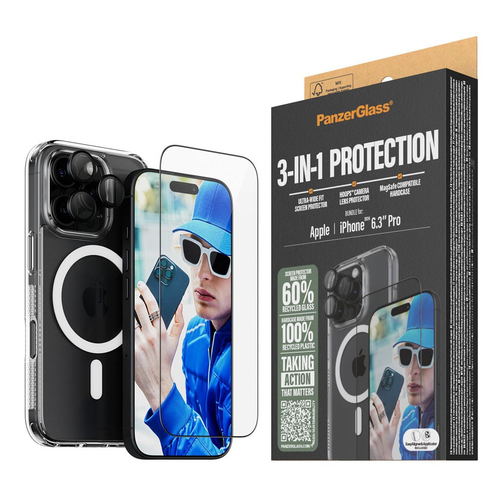 iPhone 16 Pro PanzerGlass 3-i-1 Bundle m. EasyAligner - Screen Protector (UWF) / Case / Camera Protection - Transparent / Black