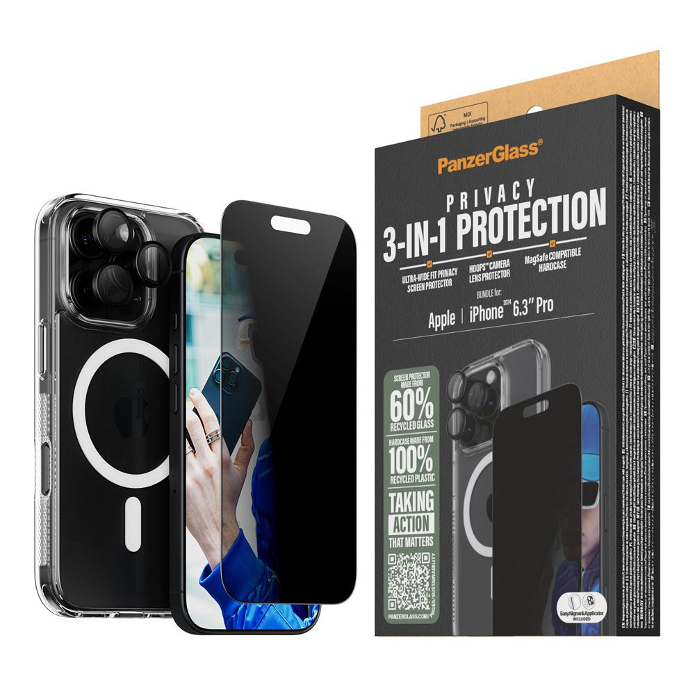 iPhone 16 Pro PanzerGlass 3-i-1 Bundle m. EasyAligner - Privacy Screen Protector (UWF) / Case / Camera Protection - Transparent / Black