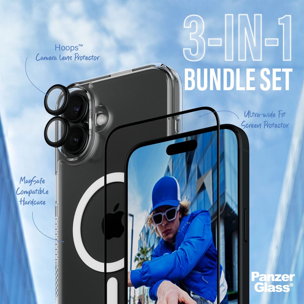 iPhone 16 Plus PanzerGlass 3-i-1 Bundle m. EasyAligner - Screen Protector (UWF) / Case / Camera Protection - Transparent / Black