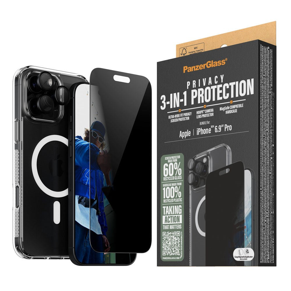 iPhone 16 Pro Max PanzerGlass 3-i-1 Bundle m. EasyAligner - Privacy Screen Protector (UWF) / Case / Camera Protection - Transparent / Black