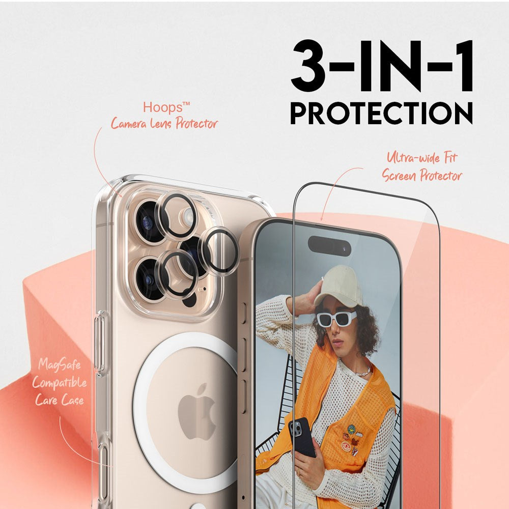 CARE By PanzerGlass iPhone 16 Pro 3-i-1 FLAGSHIP MagSafe Bundle - Screen Protector (UWF) / Case / Camera Protection - Transparent / White