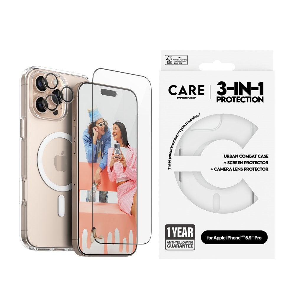 CARE By PanzerGlass iPhone 16 Pro Max 3-i-1 FLAGSHIP MagSafe Bundle - Screen Protector (UWF) / Case / Camera Protection - Transparent / White