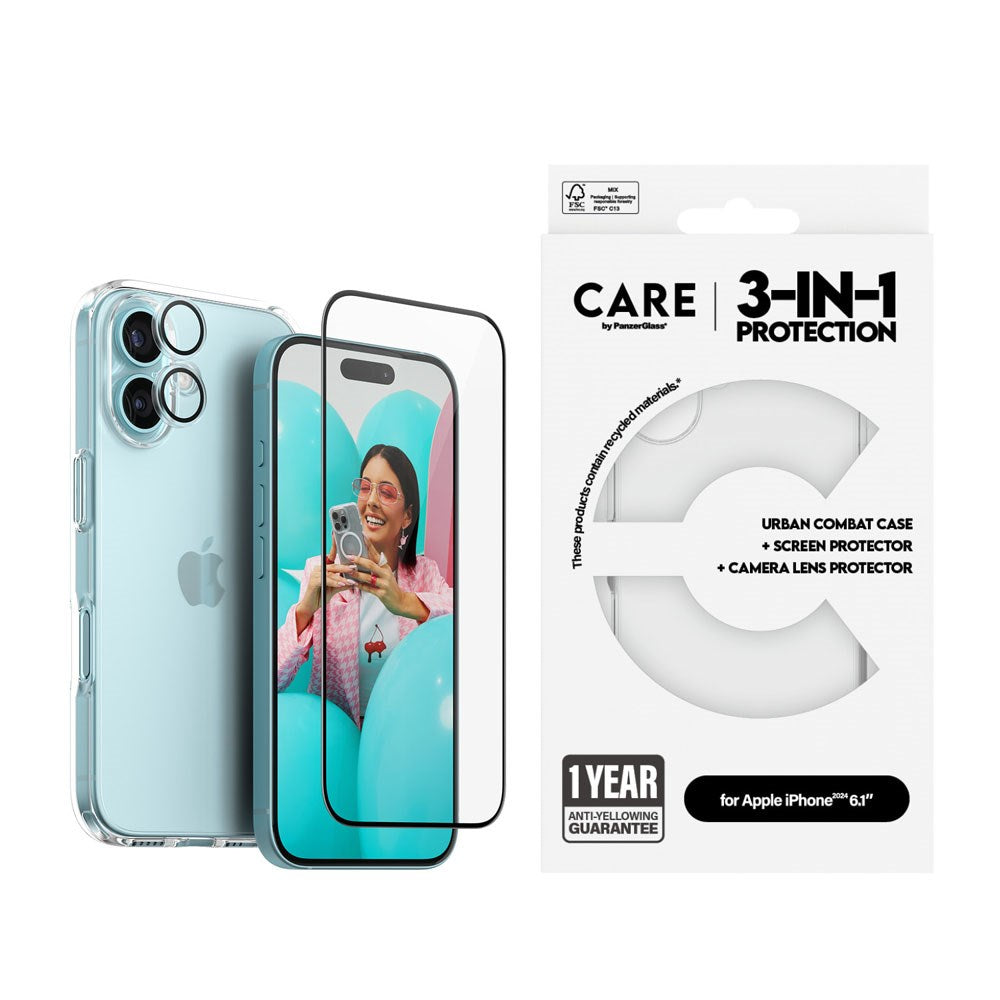 CARE By PanzerGlass iPhone 16 3-i-1 FLAGSHIP Bundle - Screen Protector (UWF) / Case / Camera Protection - Transparent