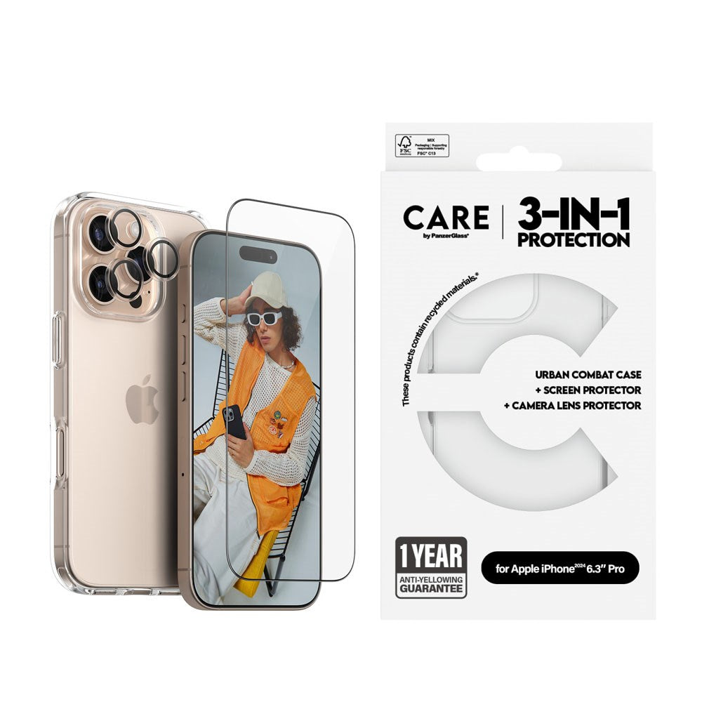 CARE By PanzerGlass iPhone 16 Pro 3-i-1 FLAGSHIP Bundle - Screen Protector (UWF) / Case / Camera Protection - Transparent