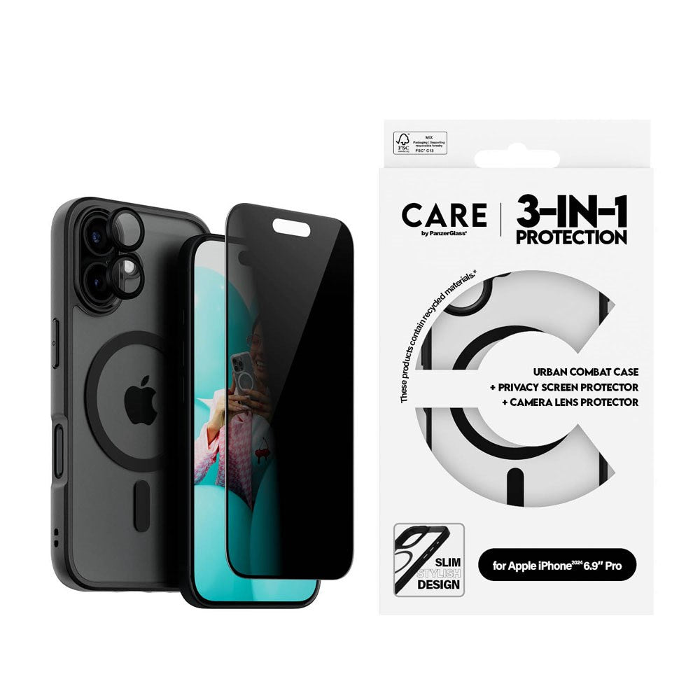 CARE By PanzerGlass iPhone 16 3-i-1 FLAGSHIP MagSafe Bundle - Privacy Screen Protector (UWF) / Case / Camera Protection - Transparent / Black