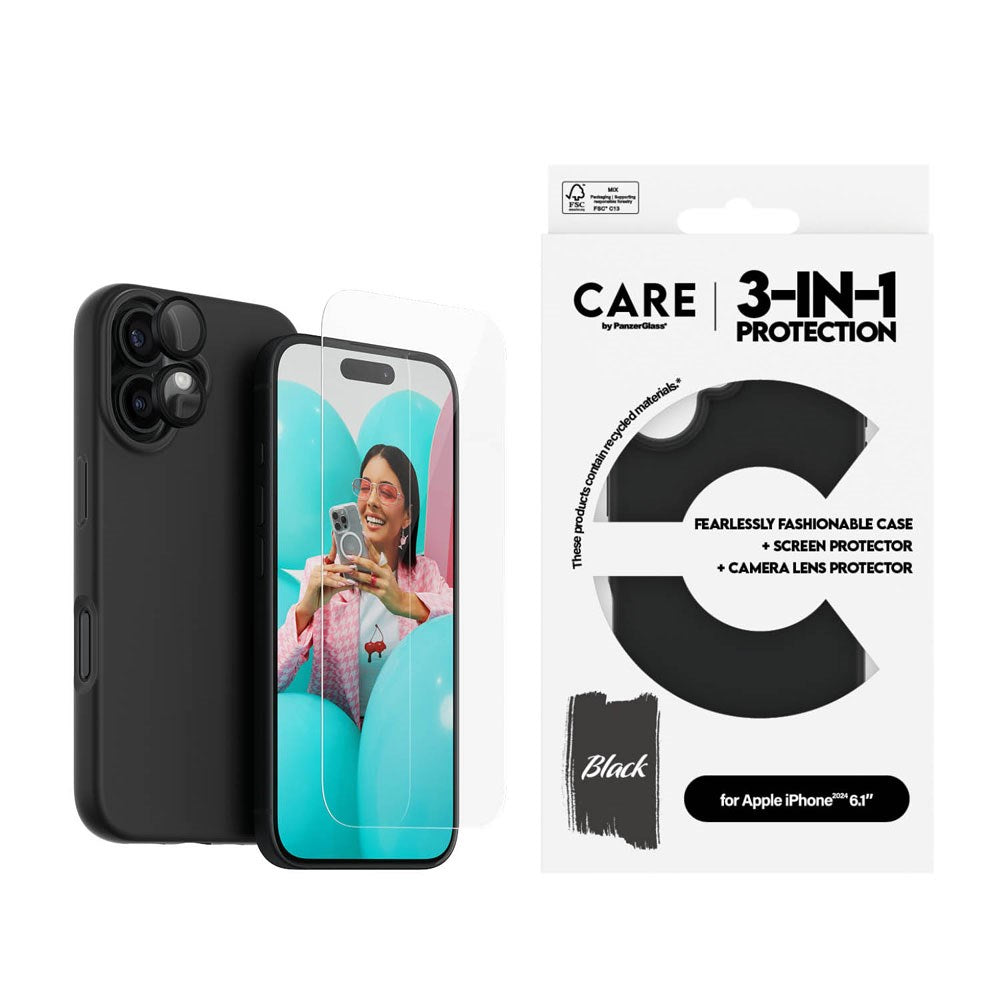 CARE By PanzerGlass iPhone 16 3-i-1 FASHION Bundle - Screen Protector (UWF) / Case / Camera Protection - Transparent / Black
