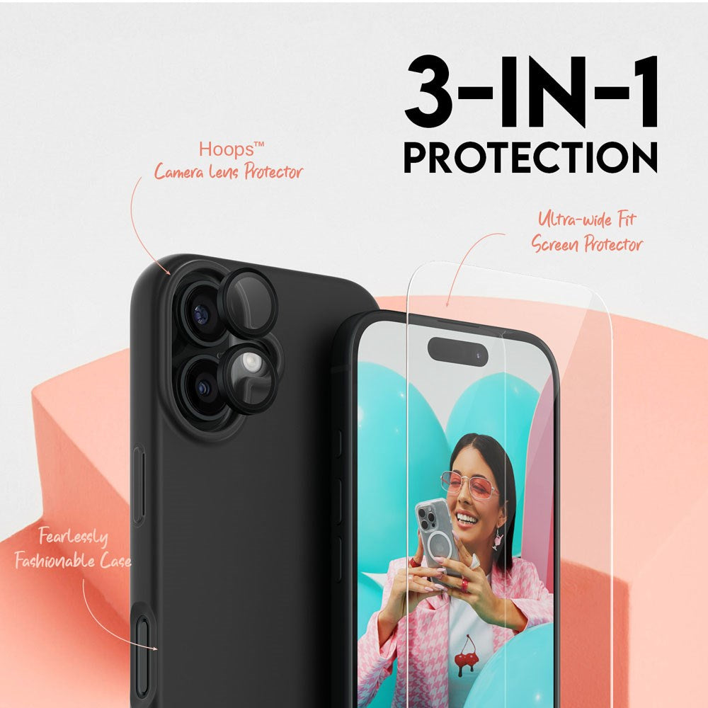 CARE By PanzerGlass iPhone 16 3-i-1 FASHION Bundle - Screen Protector (UWF) / Case / Camera Protection - Transparent / Black
