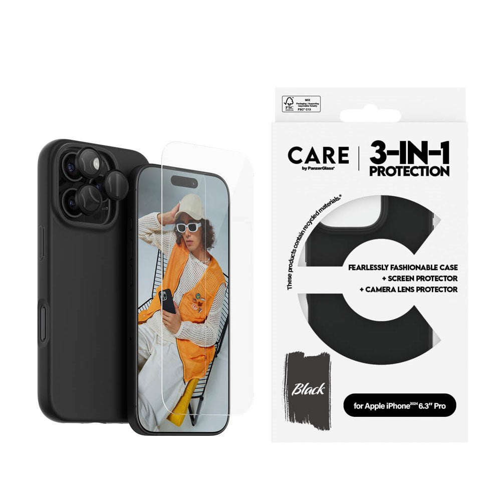 CARE By PanzerGlass iPhone 16 Pro 3-i-1 FASHION Bundle - Screen Protector (UWF) / Case / Camera Protection - Transparent / Black
