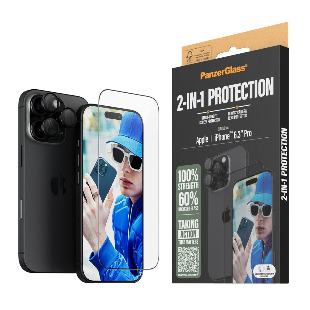 iPhone 16 Pro PanzerGlass 2-i-1 Bundle w. EasyAligner - Screen Protector (UWF) / Camera Protection - Transparent / Black