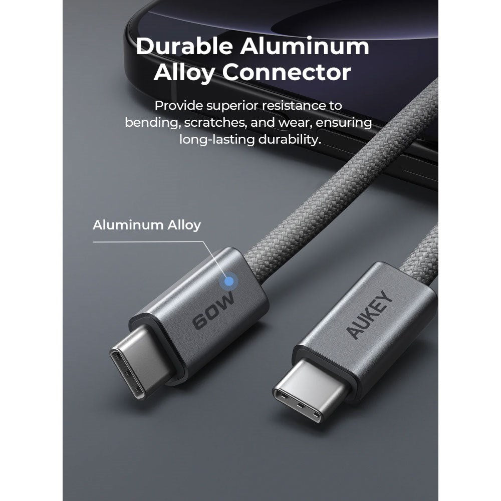 Aukey CB-DCC061 Circlet Blink 60W USB-C to USB-C Cable - 1m - Grey