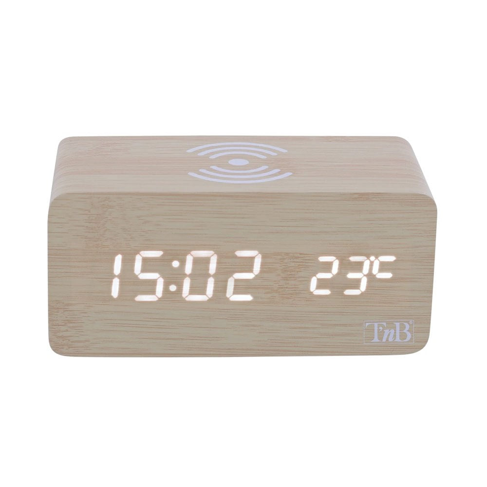 T'NB LED Alarm Clock with 5W Wireless Charger - Wood
