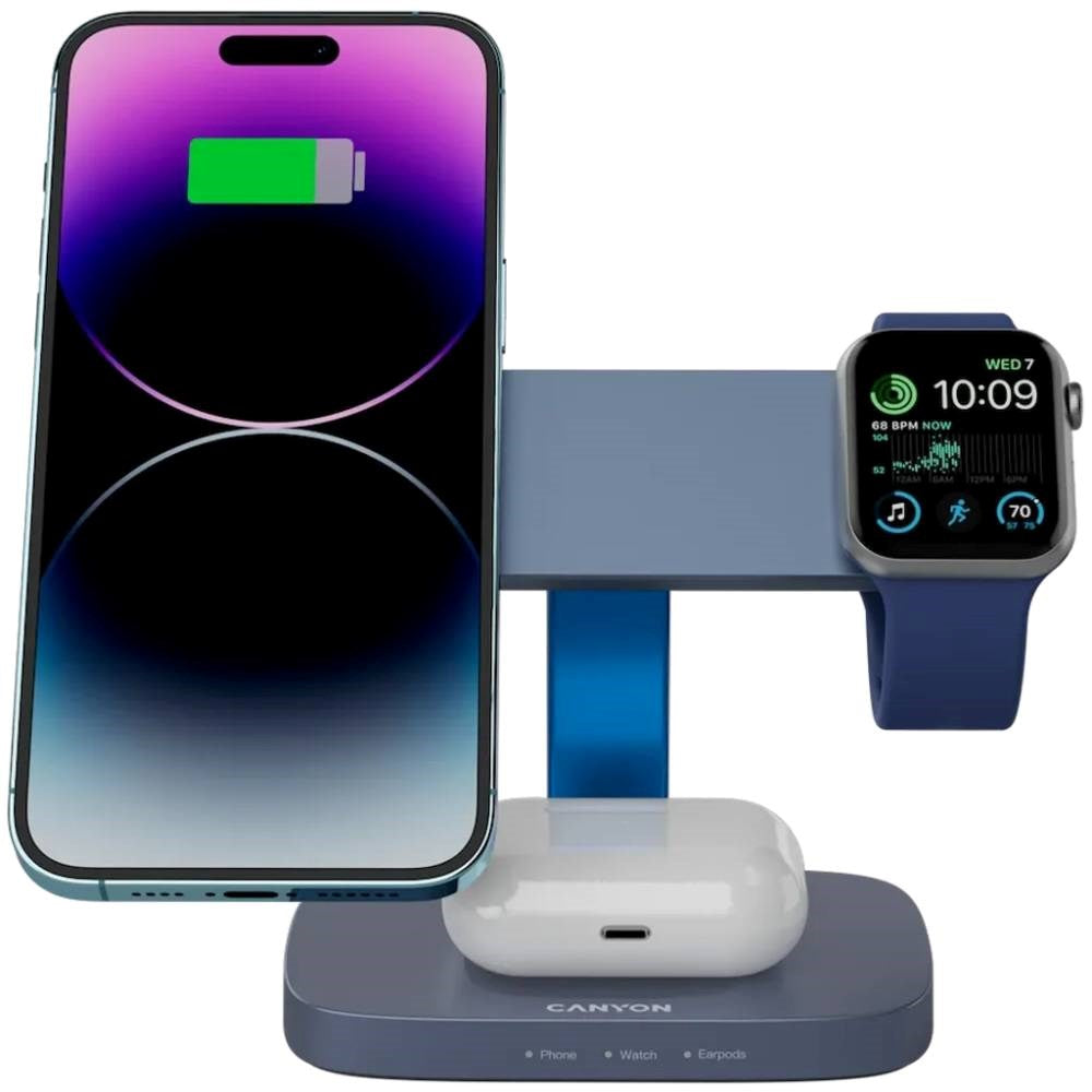 Canyon Hexagon 15W 3-in-1 Wireless Charger - Qi / MagSafe Compatible - Grey / Blue