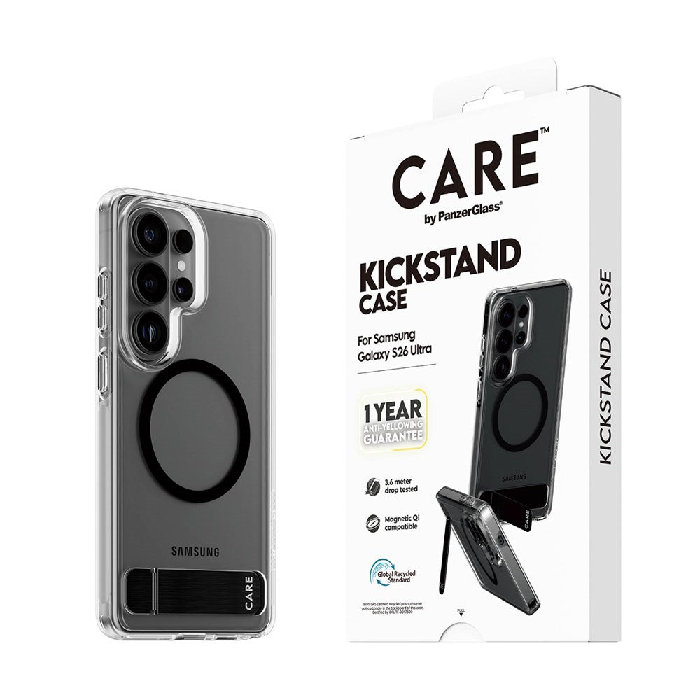 Samsung Galaxy S26 Ultra CARE by PanzerGlass Feature Kickstand Case - Qi Compatible - Transparent / Black