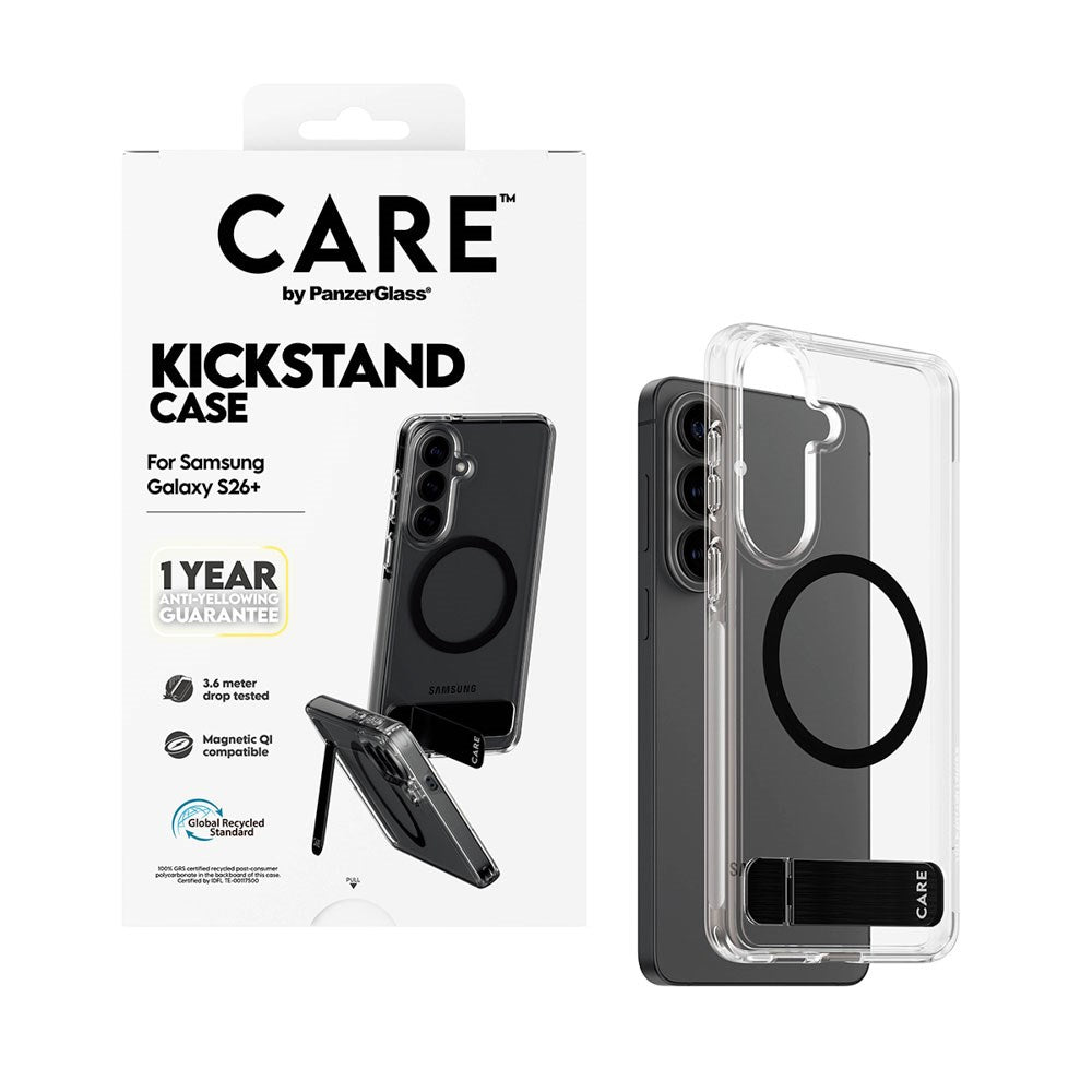 Samsung Galaxy S26+ (Plus) CARE by PanzerGlass Feature Kickstand Case - Qi Compatible - Transparent / Black