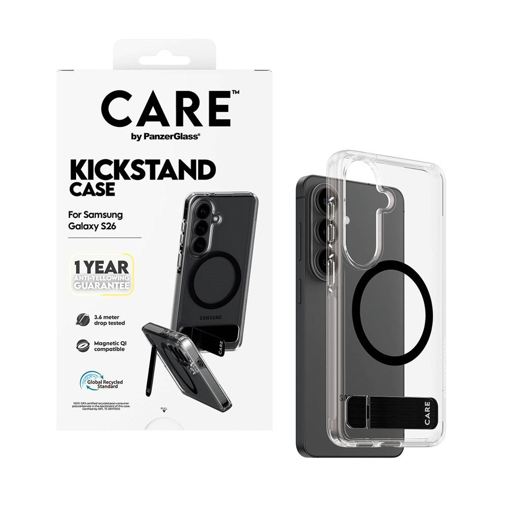 Samsung Galaxy S26 CARE by PanzerGlass Feature Kickstand Case - Qi Compatible - Transparent / Black