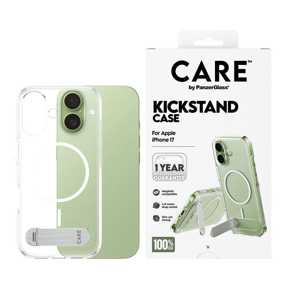 CARE by PanzerGlass iPhone 17 Feature Kickstand Case - MagSafe Compatible - Transparent / Silver
