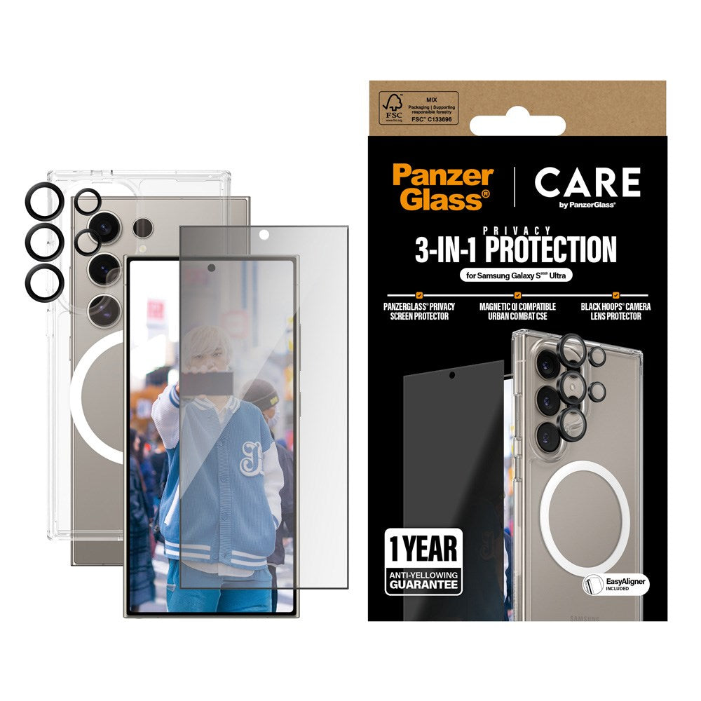 CARE by PanzerGlass Samsung Galaxy S25 Ultra 3-i-1 FLAGSHIP Bundle - Case / Privacy Screen Protector (UWF) / Camera Protection - Transparent / White