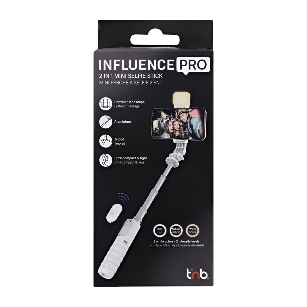 T'NB Influence Pro 2-in-1 Selfie Stick with Tripod Function and LED Light - White