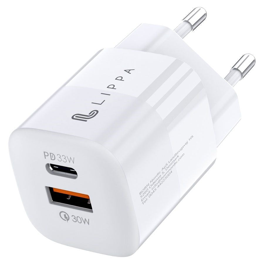 Lippa GaN Wall Charger 33W w. USB-C PD & USB-A QC - White