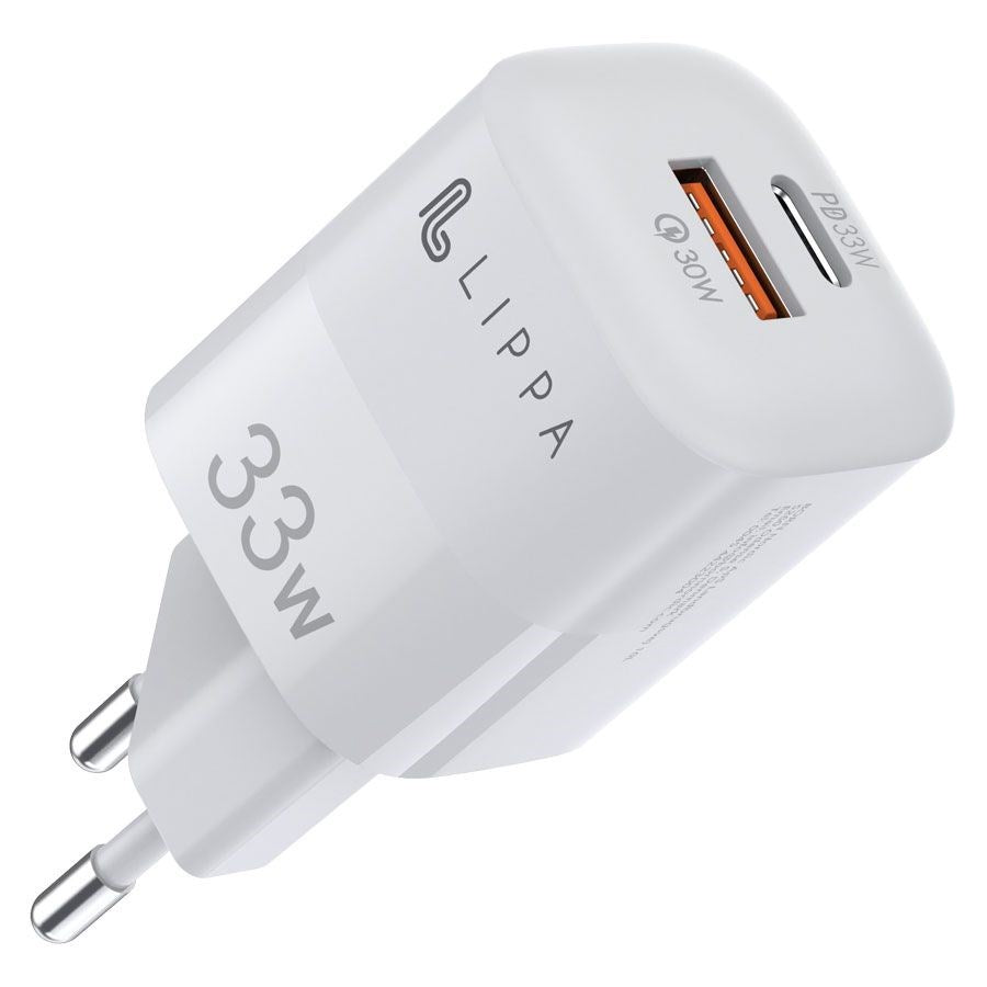 Lippa GaN Wall Charger 33W w. USB-C PD & USB-A QC - White