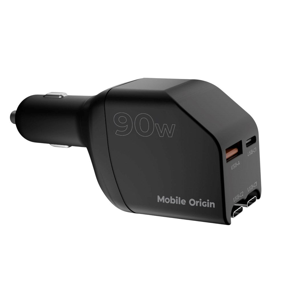 4-in-1 Car Charger 90W Mobile Origin with USB-C + USB-A and 2x Retractable USB-C Cable – Black
