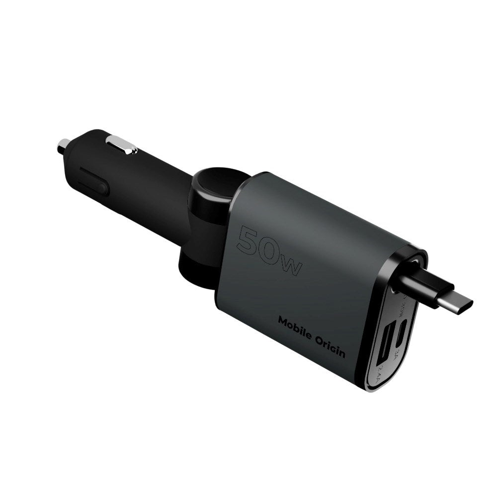 3-in-1 Car Charger 50W Mobile Origin with USB-C + USB-A and Retractable USB-C Cable – Grey