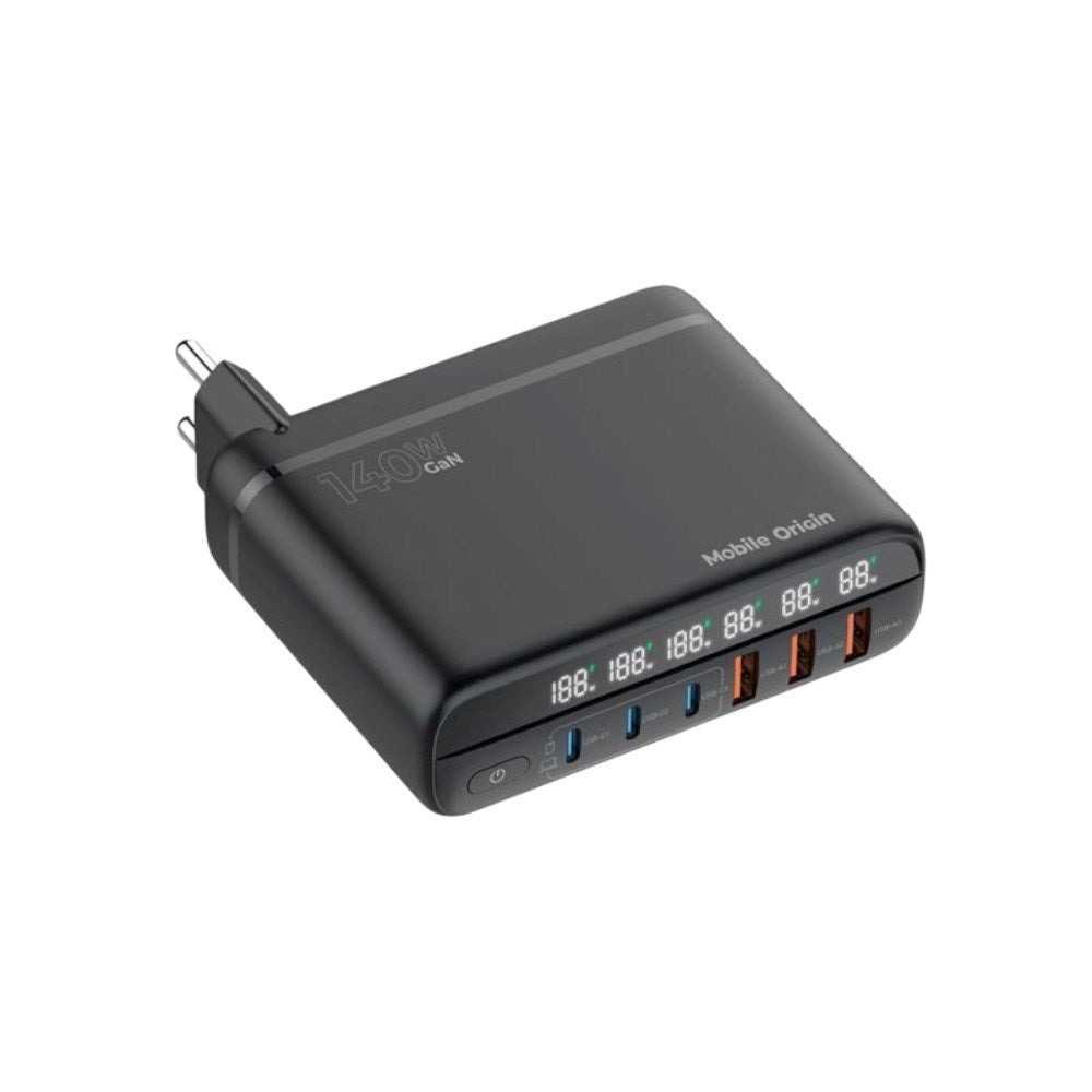 6-in-1 Travel Adapter for EU/UK/US Mobile Origin - 3x USB-C + 3x USB-A – Black