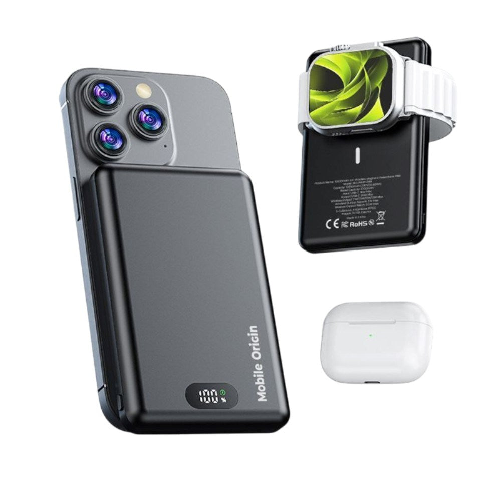 3-in-1 Power Bank 10000mAh Mobile Origin w. Wireless Charging – MagSafe Compatible – Black