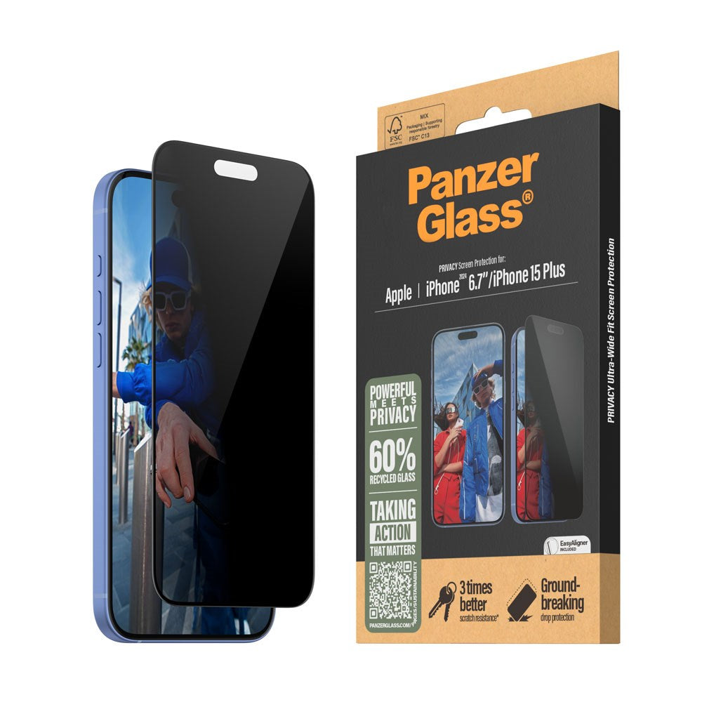 iPhone 15 Plus / 16 Plus PanzerGlass Ultra Wide Fit Screen Protector w. EasyAligner - Privacy - Diamond Strength - Transparent / Black Edge