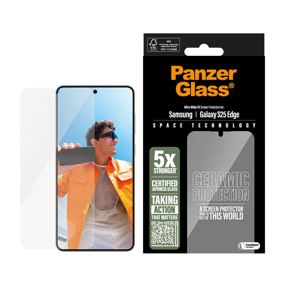 Samsung Galaxy S25 Edge PanzerGlass Ultra Wide Fit Ceramic Screen Protector w. EasyAligner - Transparent