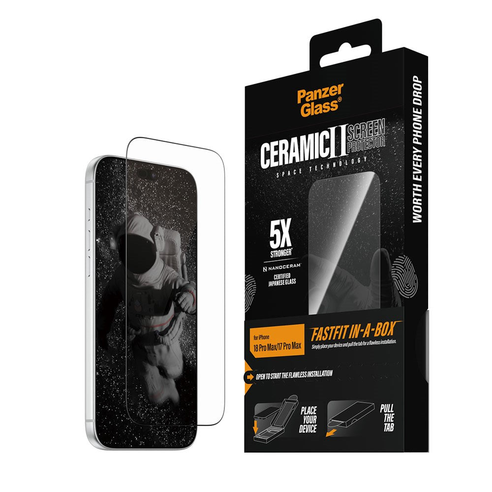 iPhone 18 Pro Max / 17 Pro Max PanzerGlass Ceramic Ultra-Wide Fit Screen Protector Glass – FastFit In-A-Box – Transparent