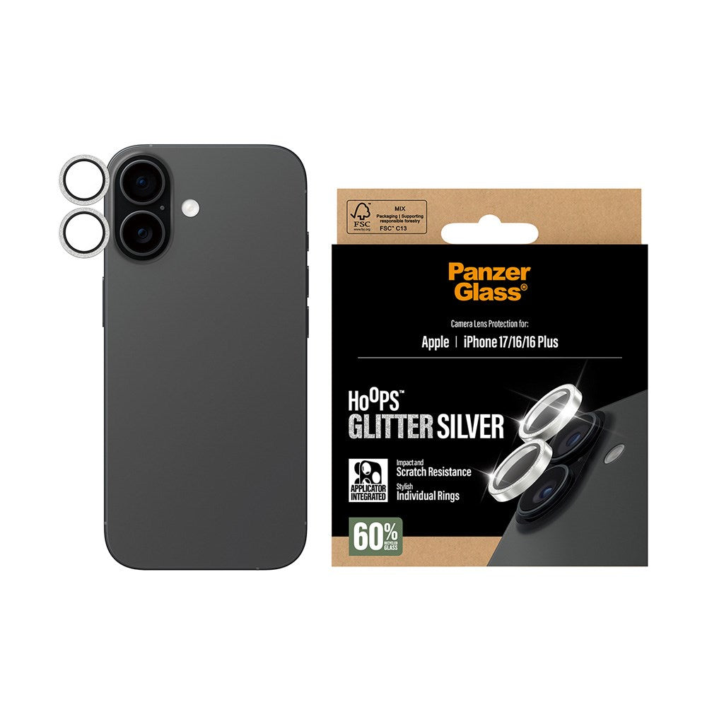 PanzerGlass iPhone 17 / 16 / 16 Plus Hoops Camera Lens Protection with Installation Frame - Glitter Silver