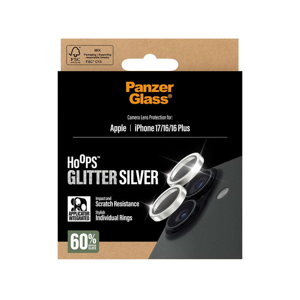 PanzerGlass iPhone 17 / 16 / 16 Plus Hoops Camera Lens Protection with Installation Frame - Glitter Silver