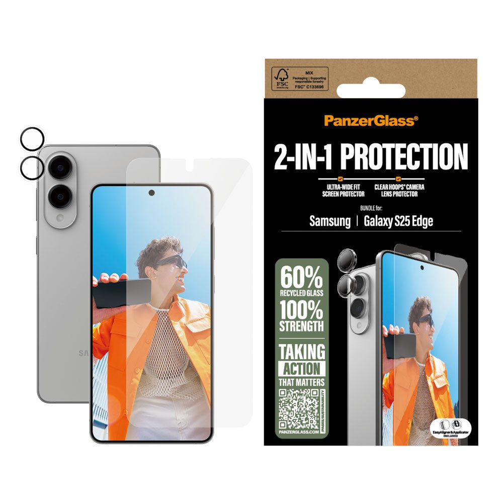 Samsung Galaxy S25 Edge PanzerGlass 2-i-1 Bundle w. EasyAligner - Screen Protector (UWF) / Camera Protection - Transparent / Black