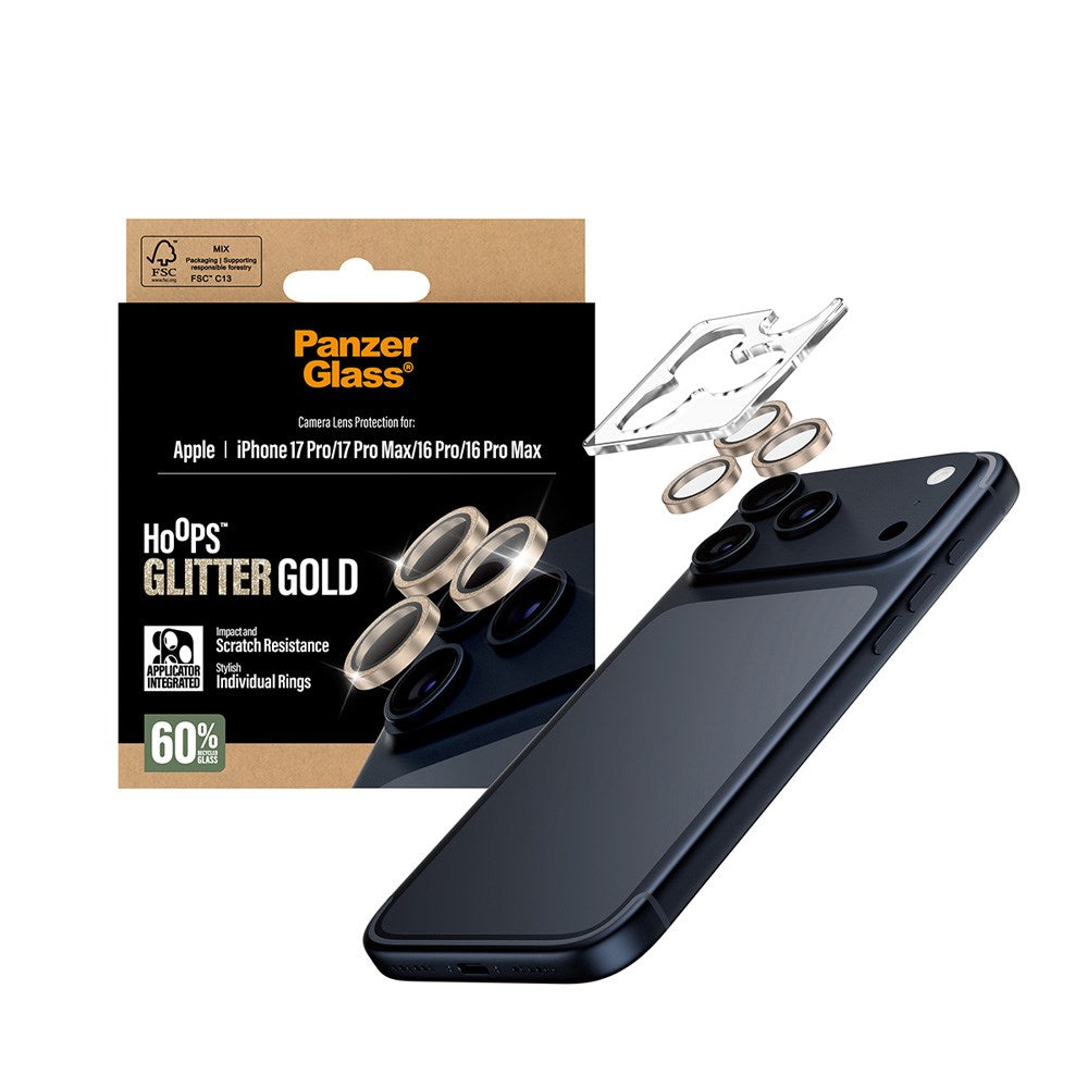 PanzerGlass iPhone 17 Pro / 17 Pro Max / 16 Pro / 16 Pro Max Hoops Camera Lens Protection with Installation Frame - Glitter Gold