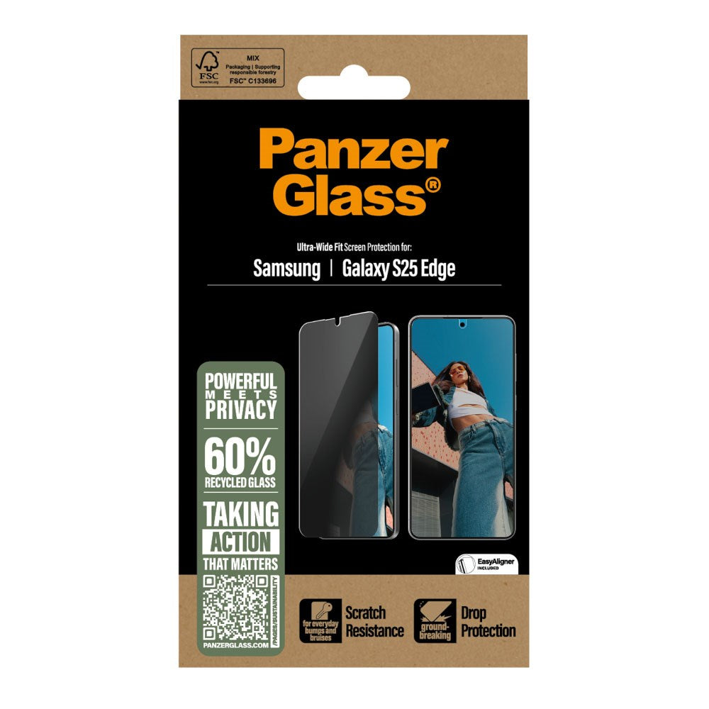 Samsung Galaxy S25 Edge PanzerGlass Ultra Wide Fit Screen Protector w. EasyAligner - Privacy - Transparent