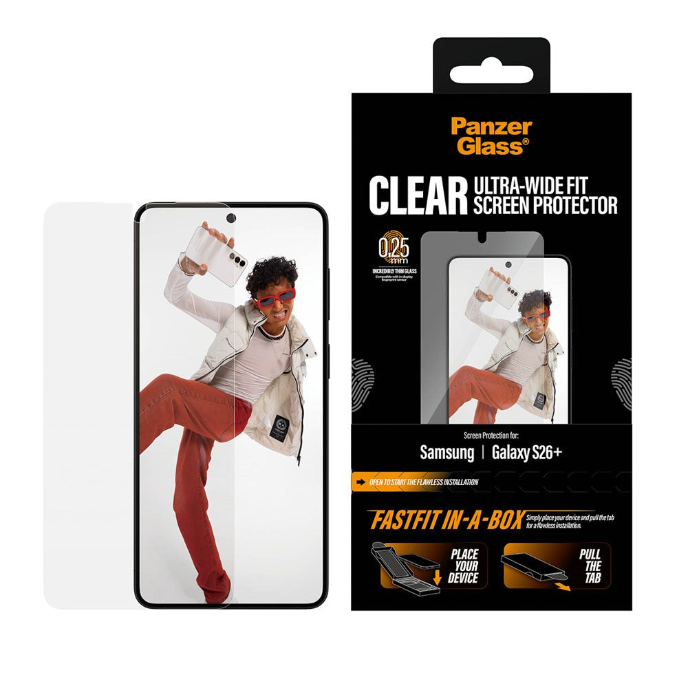 Samsung Galaxy S26+ (Plus) PanzerGlass Screen Protector Glass with FastFit In-A-Box - Ultra Wide Fit - Transparent