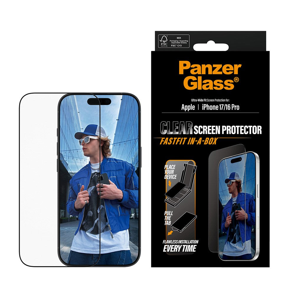 PanzerGlass iPhone 17 / 16 Pro Screen Protector Glass with FastFit In-A-Box - Ultra Wide Fit - Transparent