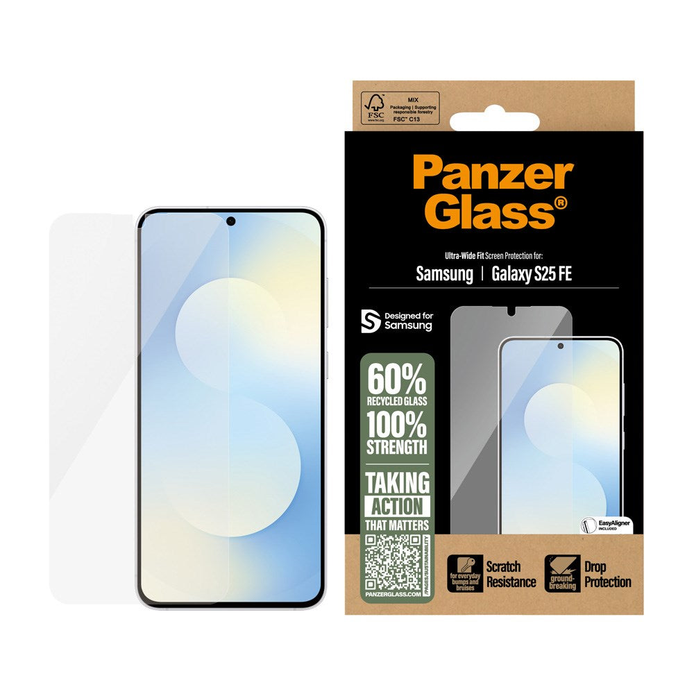PanzerGlass Samsung Galaxy S25 FE Screen Protector Glass with EasyAligner - Ultra Wide Fit - Transparent