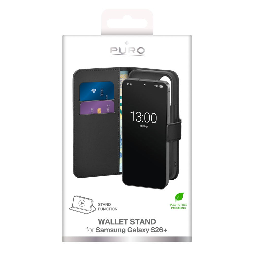 Samsung Galaxy S26+ (Plus) PURO Eco-Leather Flip Case with Card Holder & Stand Function - Black