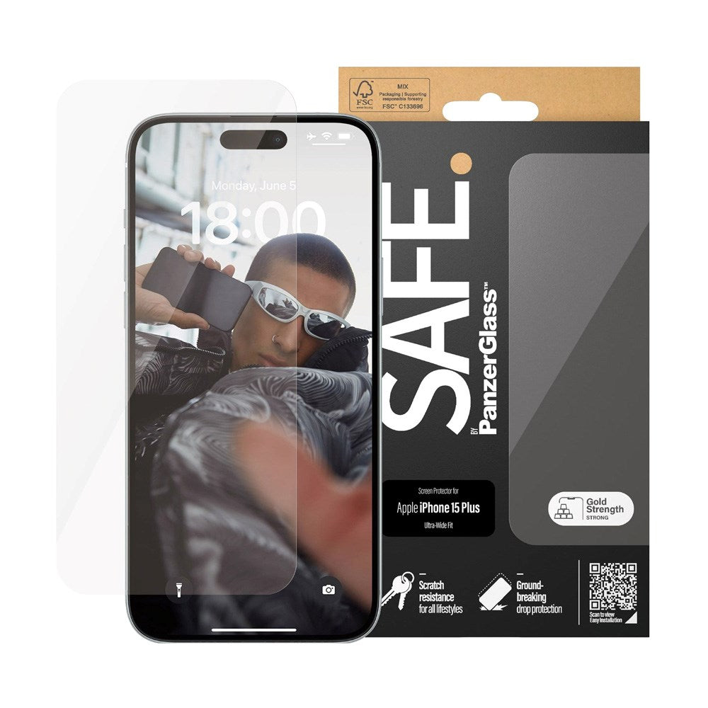 SAFE by PanzerGlass Ultra-Wide Fit Tempered Screen Protection Glass - iPhone 15 Plus / 16 Plus - Transparent