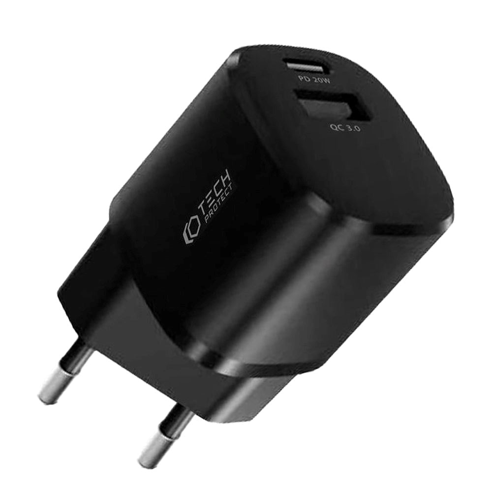 Tech-Protect 20W Wall charger with 1 x USB-A QC & 1 x USB-C PD - Black