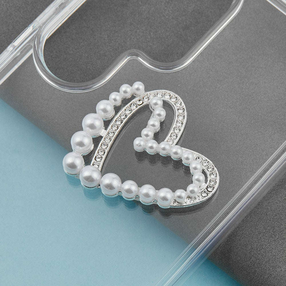 Heart-Shaped 3D Phone Sticker with Beads and Rhinestones - Silver / White