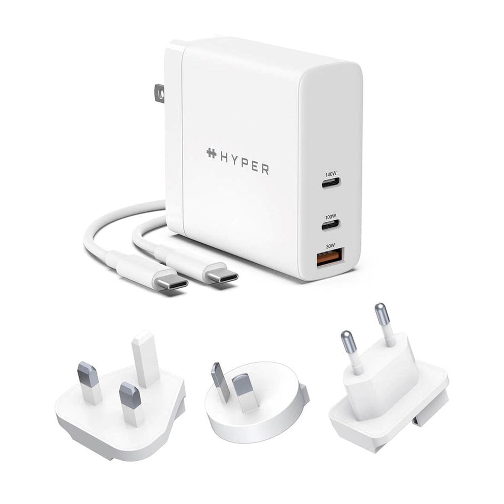 Hyper 140W GaN Wall Charger with 2 x USB-C, 1 x USB-A and Travel Adapters - White