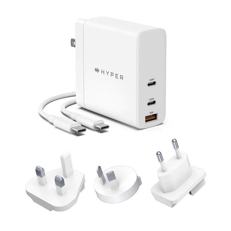 Hyper 140W GaN Wall Charger with 2 x USB-C, 1 x USB-A and Travel Adapters - White