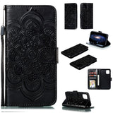 iPhone 11 Leather Wallet Case Sun Mandala Flower Pattern Imprint Black